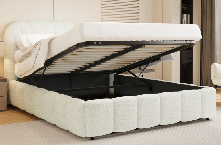 Aurora Curved White Boucle Ottoman Storage Bed